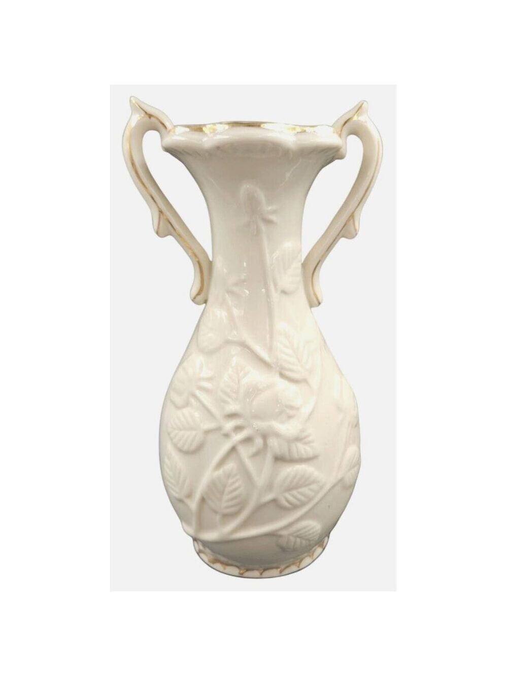 Vintage 1950s Rose Vase White Ceramic Gold Trim Cottage Mid Century Decor